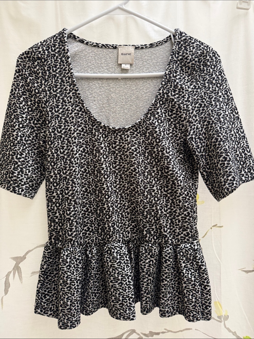Maeve Black & White Leopard-Print Peplum Top